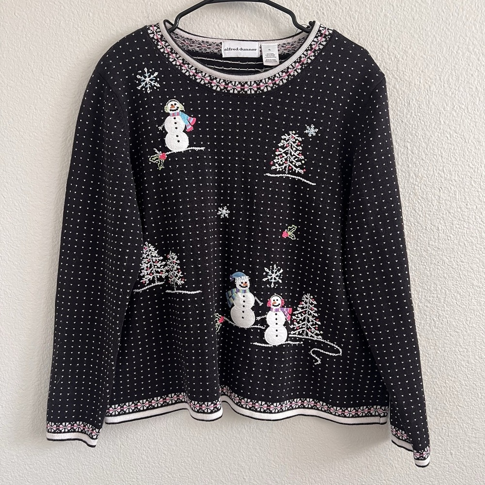 Vintage Alfred Dunner Womens Sweater XL Embroidered Snowman Fair Isle Trim Ramie
